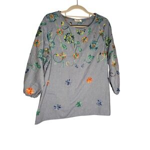 Kindred Womens Blue Chambray Floral Embroidered 3/4 Sleeve Blouse Large